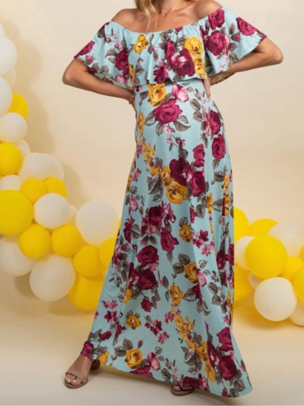 Pinkblush Sky Blue Off-Shoulder Floral Maxi Dress with Magenta & Mustard Roses